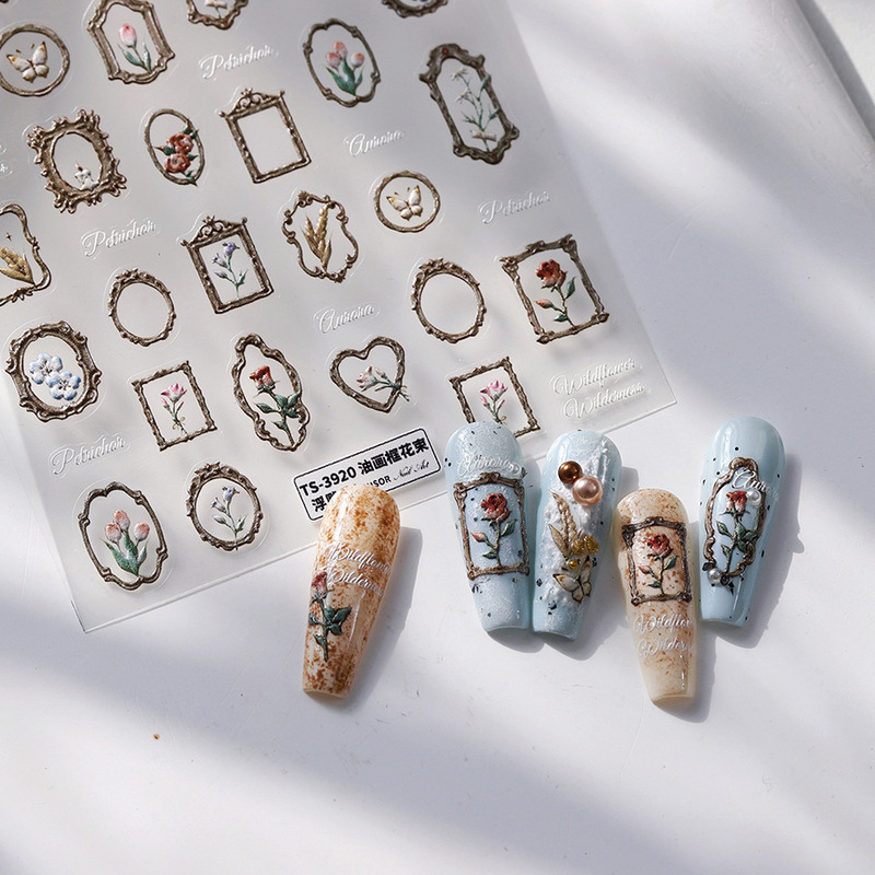 TENSOR New Technology Thin Blade Cute Flower Nail Art Stickers Ins Back Glue Armor Stickers TS-3920 Oil Painting Frame Flower bouquet