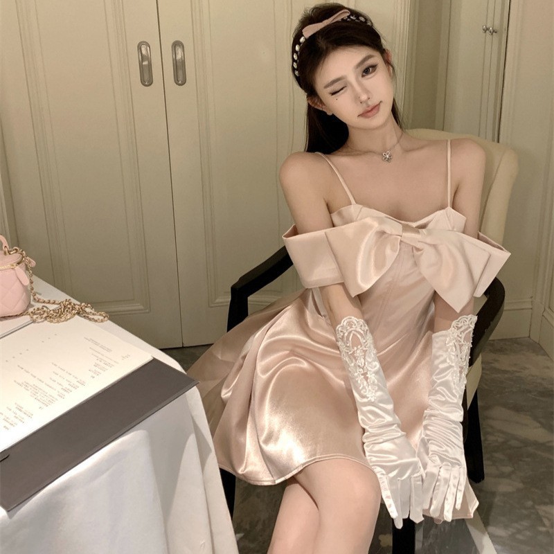 Real Shot Off-shoulder Tube-shaped dress Women's Adult Ceremony Gown Pink Bow Birthday Skirt Princess Puff Dress