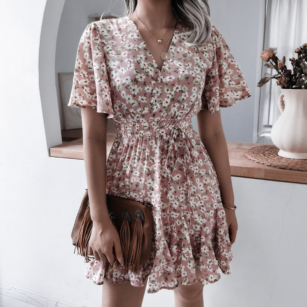 V-neck printed chiffon waist dress NSSYV109657