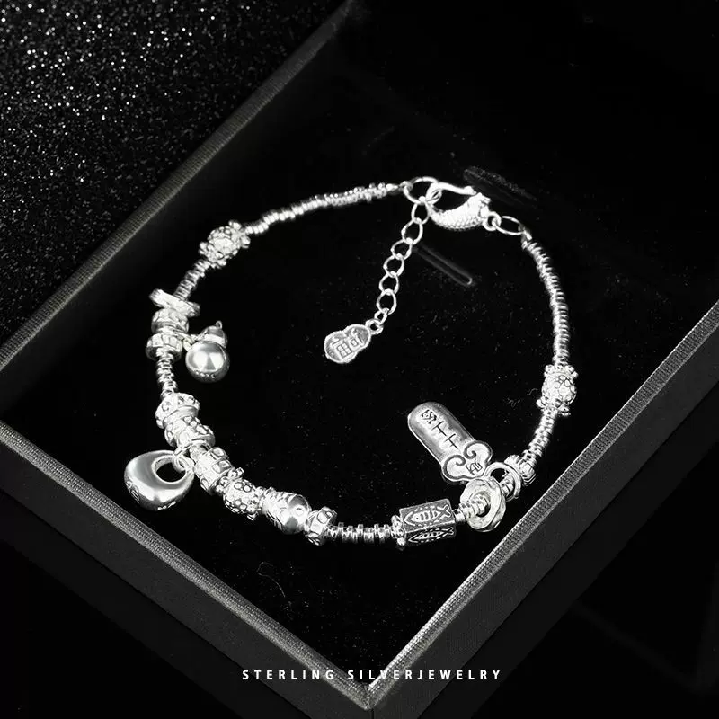 S925银国潮重工手链手工上上签葫芦福袋碎银小众设计重工质感手环