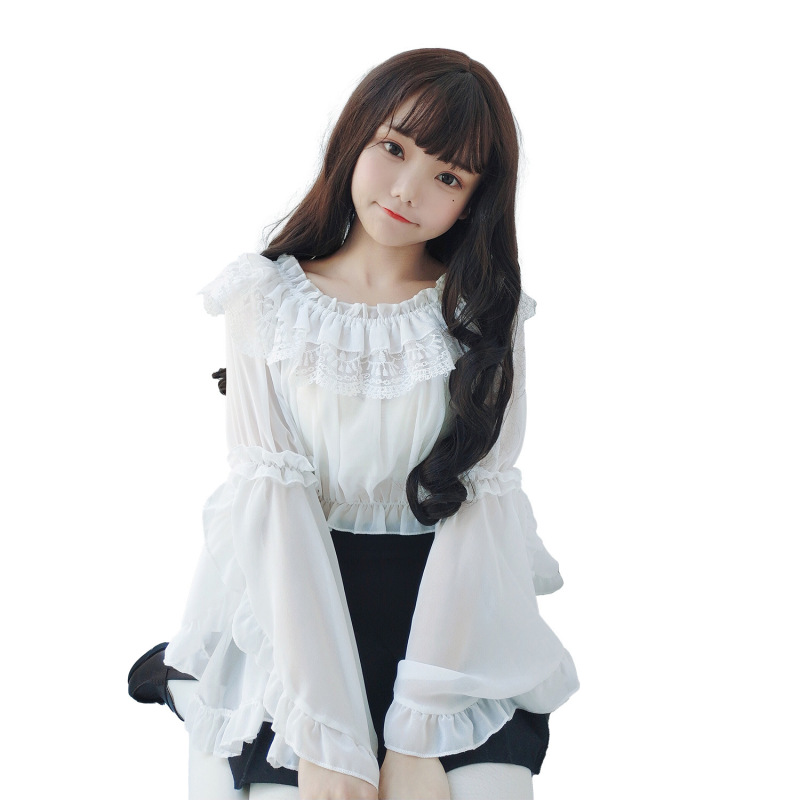 Chiffon Lace Top, Short Long-Sleeved Lolita Shirt, Lolita Daily Dress, Soft Girl Base Layer Tube Top