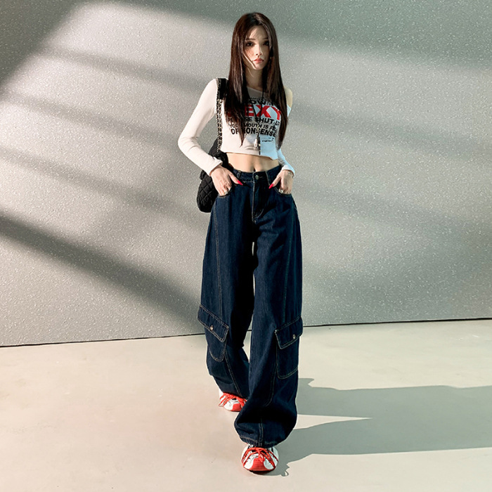 JM2025新款迷彩工装裤多口袋宽松牛仔裤女百搭显瘦迷彩加长牛仔棉|undefined