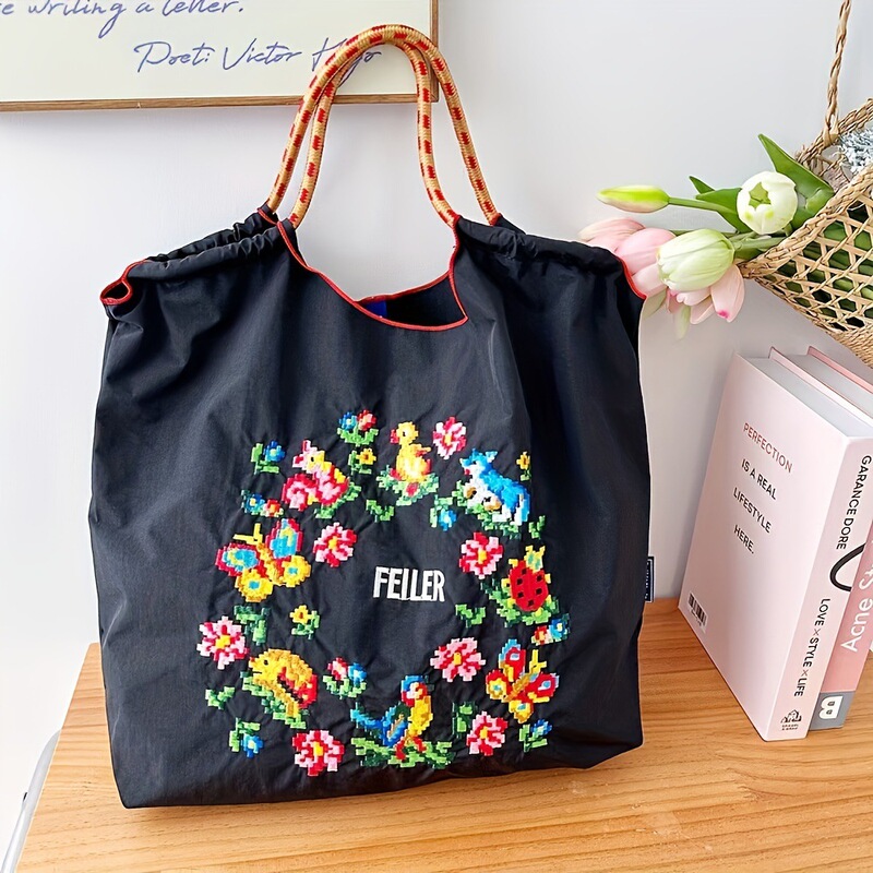 New Embroidered Bag for Women, Tote Bag, Large Capacity Canvas Bag, Little Yellow Duck Shopping Bag, Shoulder Bag, Handbag, Trendy