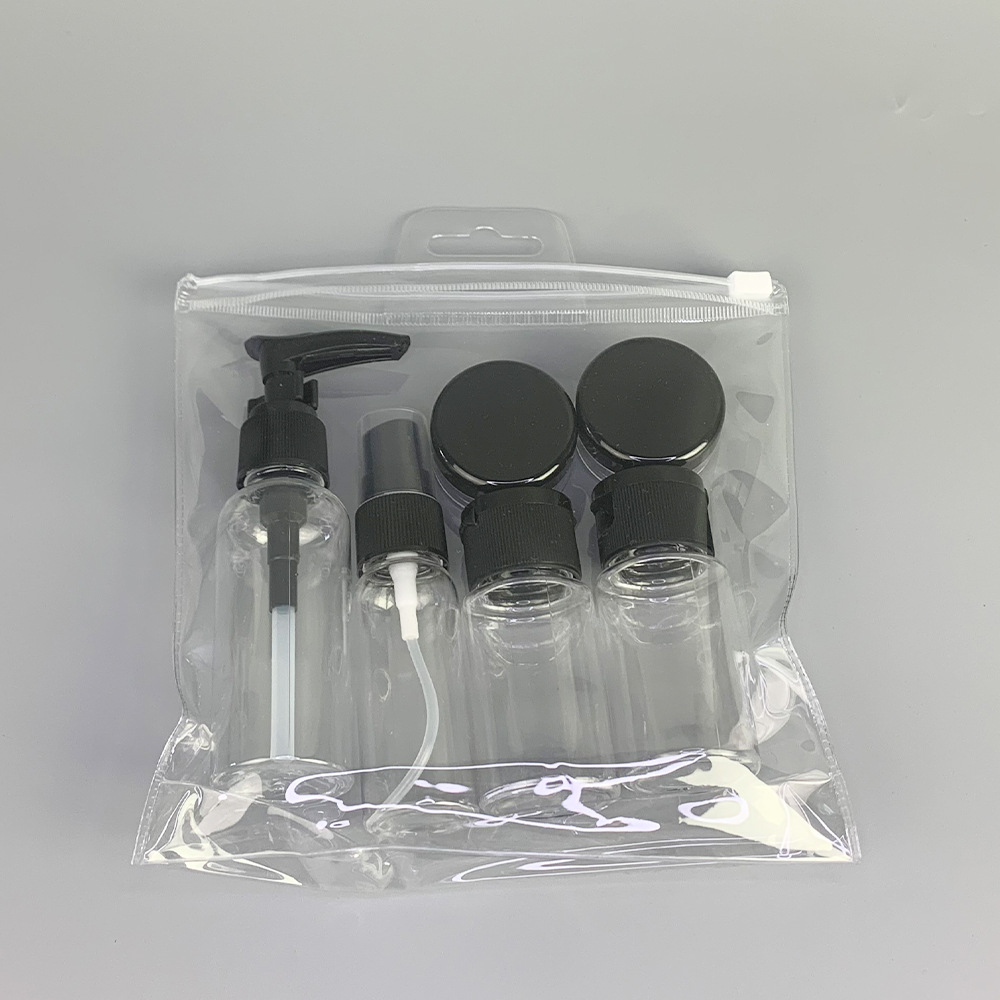 厂家直销旅行分装瓶套装黑色6件套飞机便携夹子泵喷雾蝴蝶盖乳液