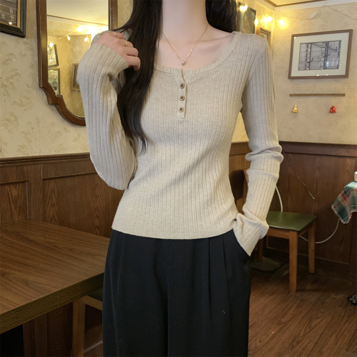 프랑스 스타일 스퀘어 칼라 버튼 니트 스웨터 가을과 겨울 한국 스타일 디자인 센스 내베이스 셔츠 스웨터 긴 소매 슬림 룩 탑