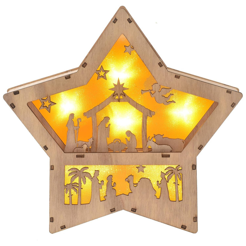 クロスボーダークリスマスデコレーションオーナメント木製星型オーナメント木製ライト付きクリスマスツリー星型オーナメントライト付き|undefined