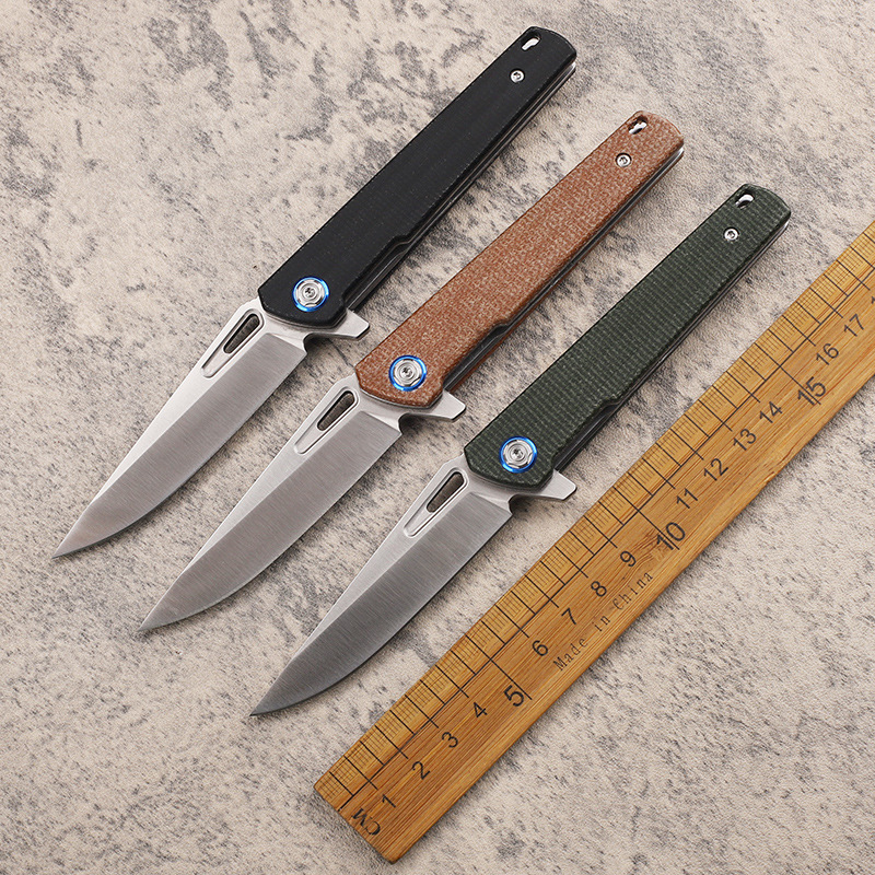 新款D2钢刃亚麻手柄户外野营钓鱼口袋荒野求生折叠刀EDC水果刀具