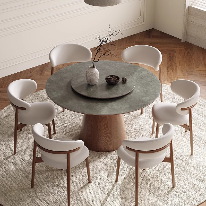 Mesa y silla de comedor de madera maciza francesa con mesa giratoria, mesa redonda de restaurante de color nuez moderna y simple
