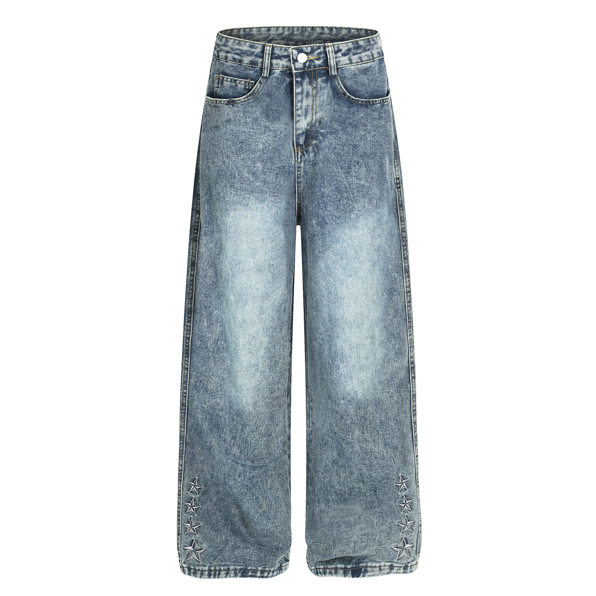 Korean-Style Distressed Washed Wide-Leg Jeans – Embroidered Star Details | Unisex Loose Fit Streetwear Denim Pants (S-XL, Blue/Black)​_mkmklike.com