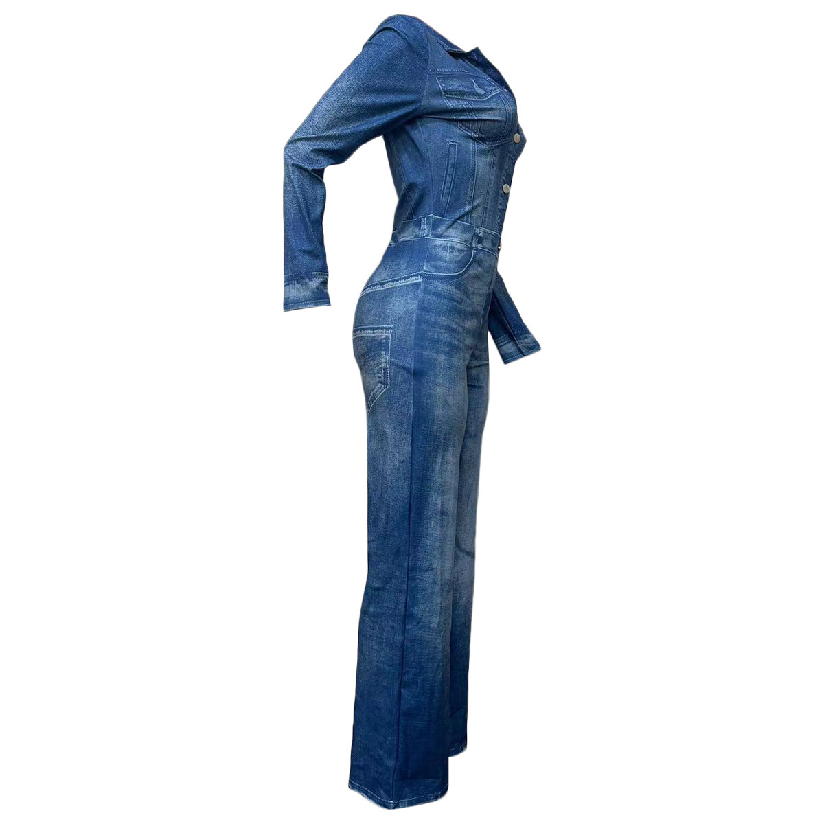 Damen Jumpsuit In Jeansoptik Mit Print Modischer Winter Overall_voghion.com