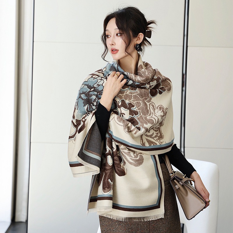 Szalik z motywem piwonii dla kobiet na zimę, dwustronny szal żakardowy w stylu chińskim, ciepła gruba warstwa zewnętrzna, strój fotograficzny do noszenia_voghion.com