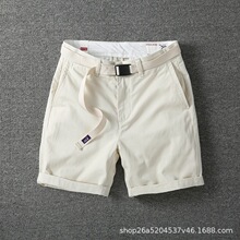 日系复古夏季重磅宽松直筒百搭工装裤白色短裤男士4分棉带卡扣