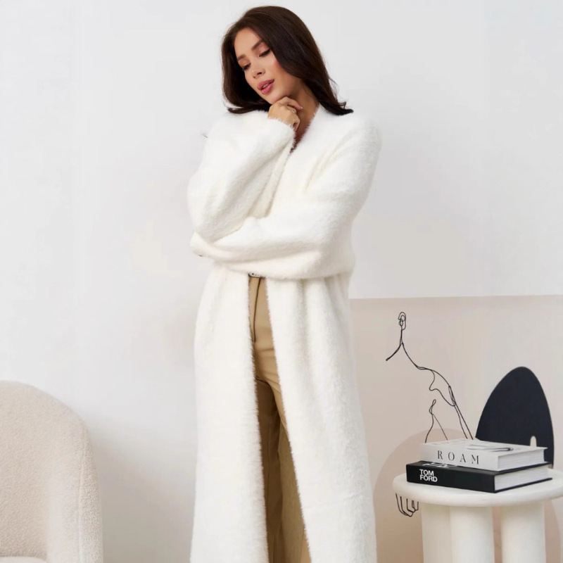 Cross-Border European and American Sweater Jacket Knitted Women's 2025 Autumn and Winter Long Gentle Style Loose Lazy Style Over-The-Knee Cardigan for Women