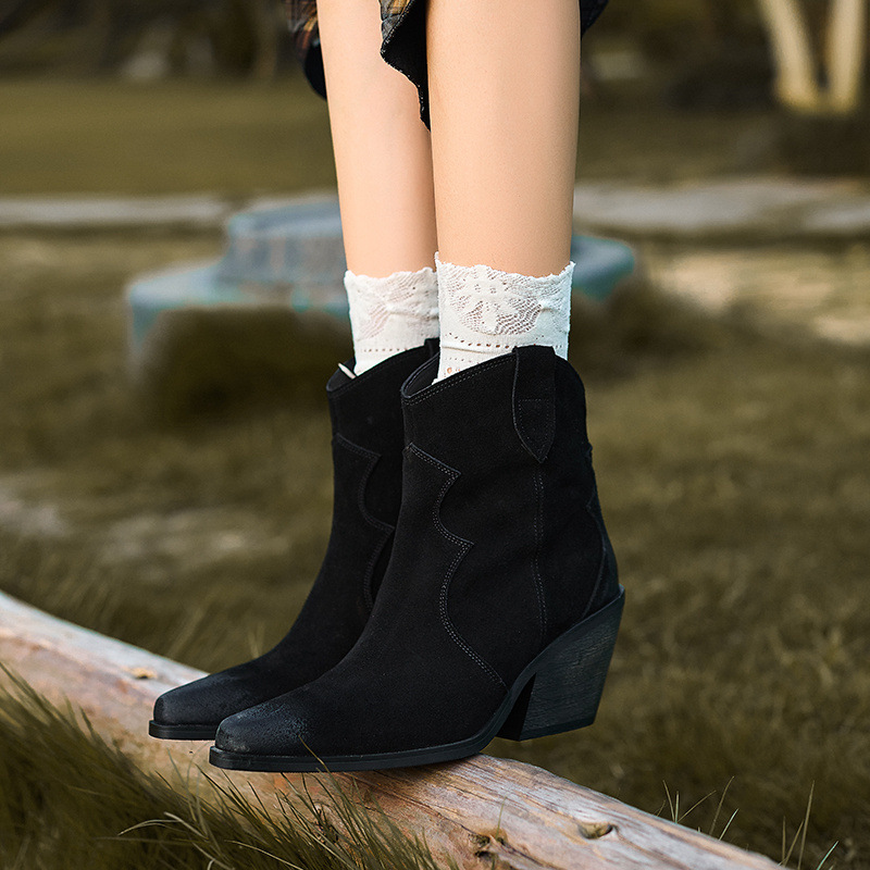 Boot cao bồi nữ da lộn mũi nhọn gót thô cổ thấp — Lớp lót nhung màu kaki
