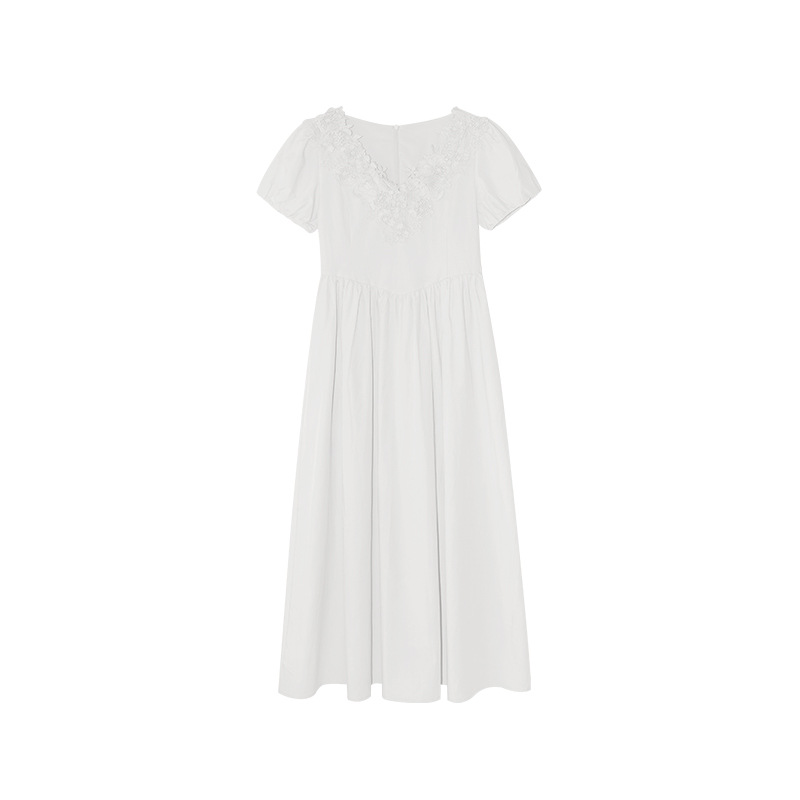 美を解釈する NEWOPEN 25 夏 フレンチスタイル 重厚なハイウエストレース Vネック パフスリーブワンピース レディース S5521