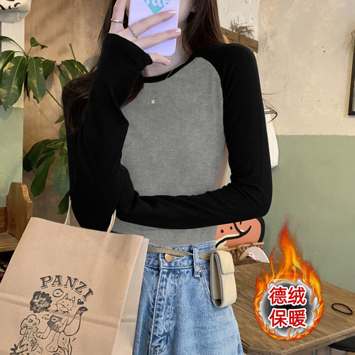 Denim-style arc hem contrasting patchwork trendy velvet long-sleeved base shirt for autumn and winter women's innerwear