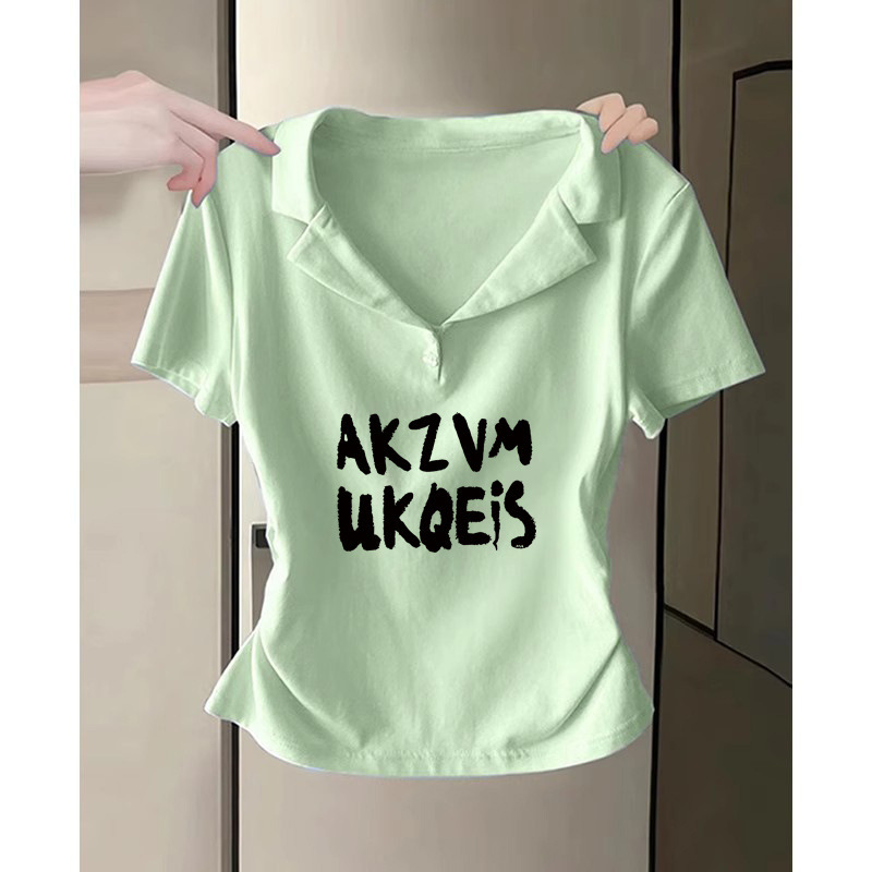 Mint Green Short-Sleeve Women's T-Shirt, Summer Sweet and Spicy Top, 2025 New Style, Waist-Cinching V-Neck Polo Shirt with Unique Design