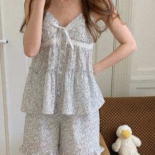 韩国ins女士新品夏季韩系舒适少女碎花吊带睡衣家居服套装短裤女