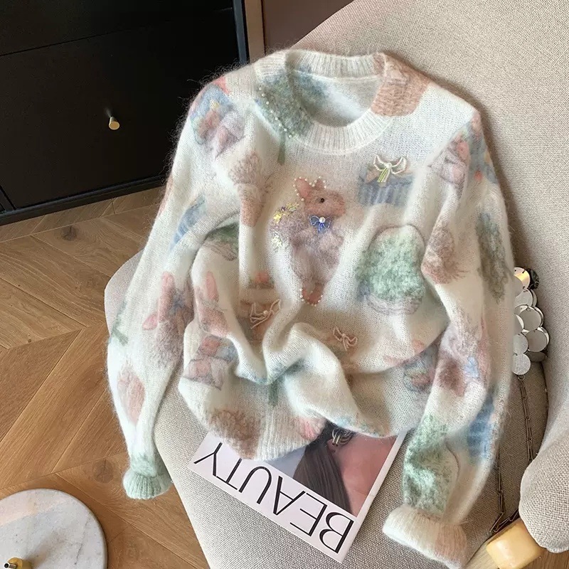 봄과 가을 새로운 얇은 구슬 프린트 니트웨어 가을 스웨터 게으른 느슨한 부드러운 둥근 목 긴 소매 탑