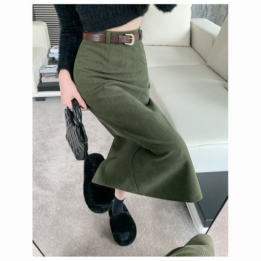 秋秋冬新款灯芯绒半身裙中长款直筒a字裙高腰开叉显瘦包臀复古裙
