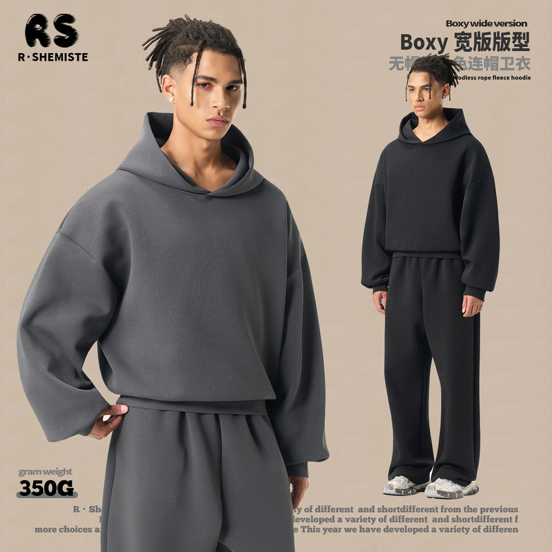 Rs Men's Clothing | Boxy Square Version Short Wide 350g Hooded Sweatshirt Cross-Border Trendy American Style Hoodie Sweatshirt for Men