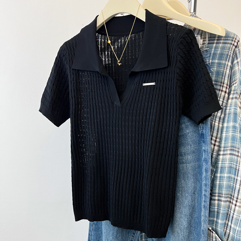 Elegante maglione da donna a maniche corte con colletto a risvolto, lavorazione a trecce sulle spalle, top estivo, nuovo arrivo._voghion.com