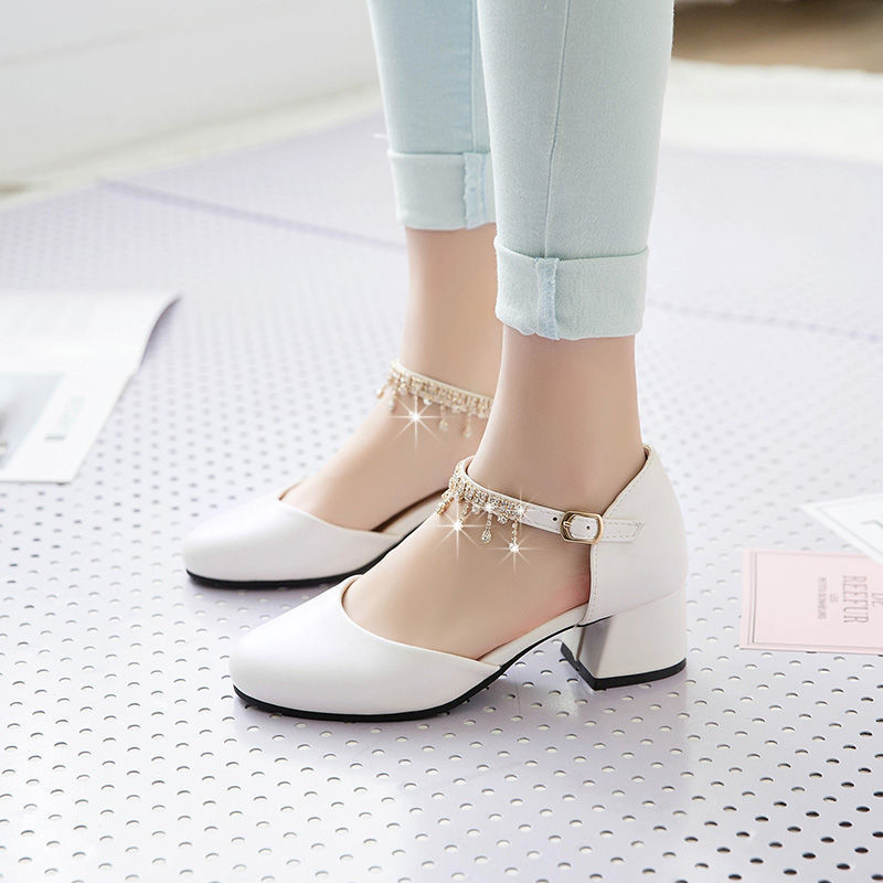 Women's fairy style sandals for students all-match closed toe mid heel women's shoes with buckle sweet high heel chunky heel Summer online red shoes