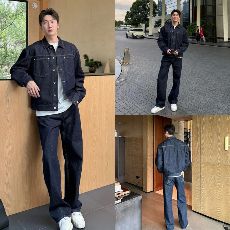 秋季男士新款轻奢时尚百搭翻领牛仔外套简约袖长袖男潮流直下摆|undefined