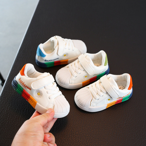 Spring and Autumn Girl Baby Soft Sole White Shoes, Unisex Children Breathable Sports Sneakers, Children's Daisies Leather Surface Casual Shoes