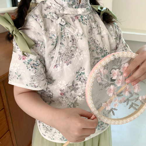 Elmo Beibei girls retro princess skirt  summer children's Chinese ancient style cheongsam gauze skirt two-piece suit