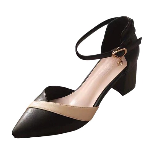 Women's  New Korean Style Spring Summer Flat Sandals with One Strap, Thick Heel, Medium Height, Versatile Color Block Pointed Toe High Heels