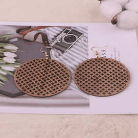 跨境欧美时尚新款木质圆形耳环 百搭个性网状镂空几何夸张耳坠