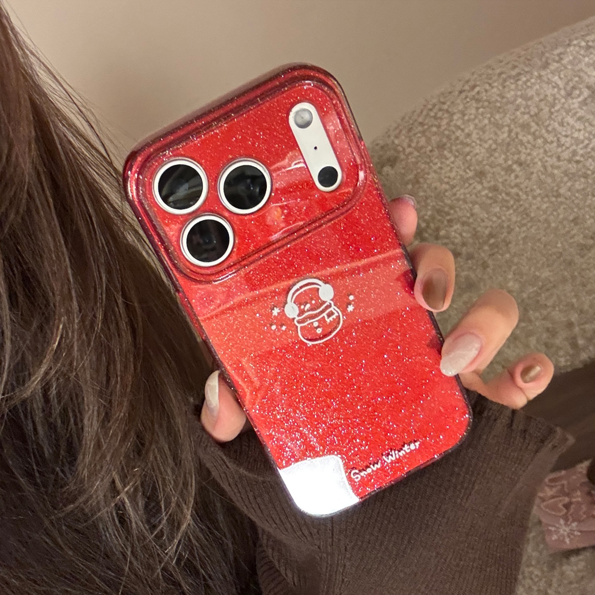 Protective Phone Case For Iphone With Glitter Winter Snowman Design_voghion.com