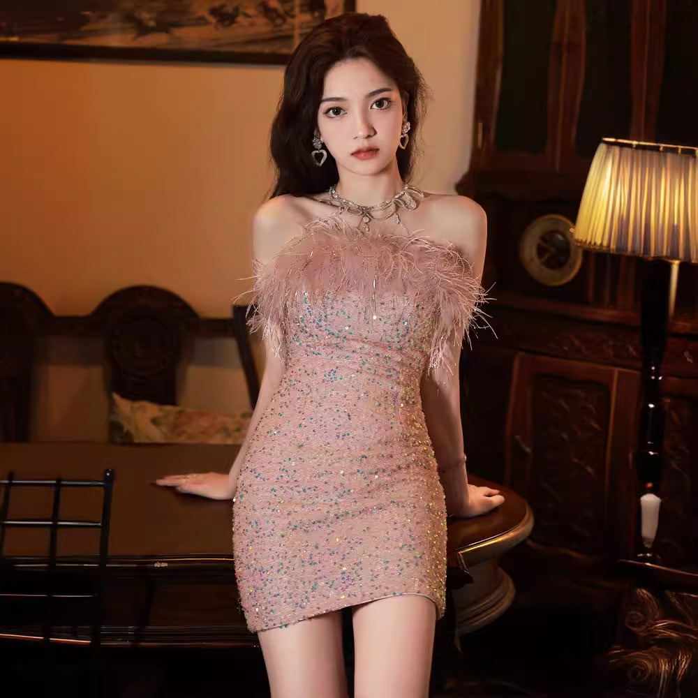 Đầm dạ hội nữ phong cách Pháp, thiết kế ôm eo đuôi cá, hở vai, đính kim cương — Màu như hình