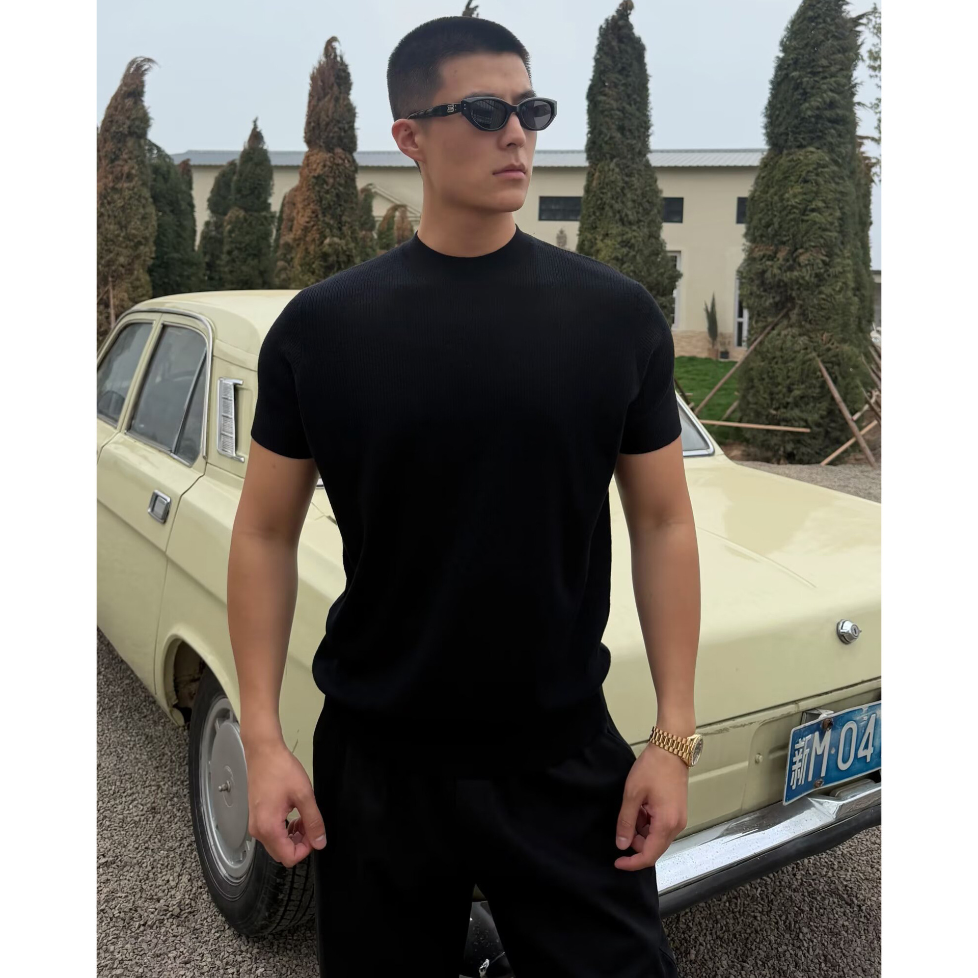 Camiseta de punto de manga corta camiseta textural hombre viejo estilo de hielo alto traje de verano de seda interior fábrica transfronteriza al por mayor