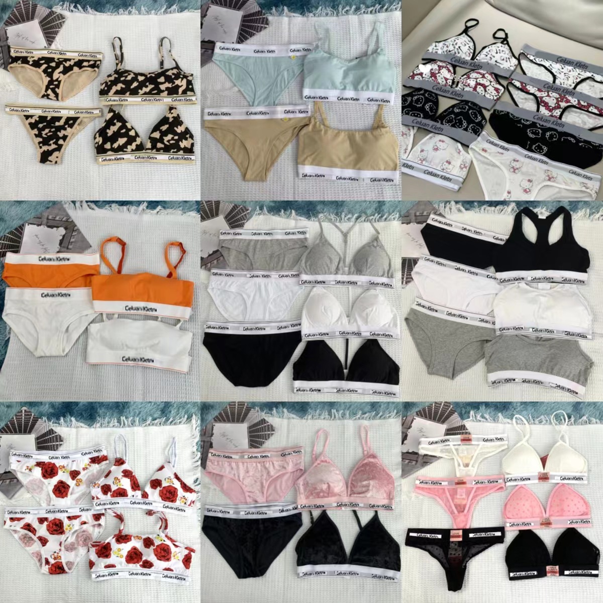 thumbnail for cvcv & CK same sports underwear set with chest pad pure cotton triangle cup sexy strap gathered lace bra