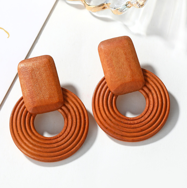 Women'S Gender Simple Style Round Rectangle Wood Hollow Out Women's Earrings