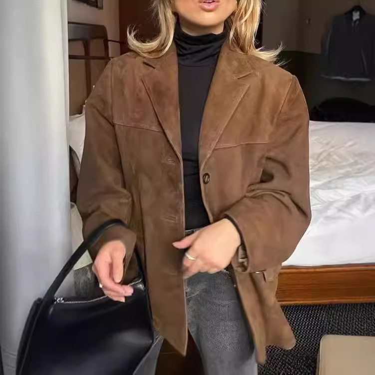 Real Shot of Brown Suede Vintage Lapel Loose Coat for Women 2026 European and American Spring/Summer Melard Suede Blazer