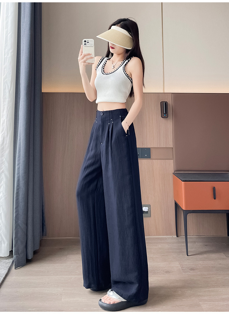 Quần ống rộng vải lụa băng đa năng nữ, phong cách sang trọng mỏng nhẹ mùa hè, quần ống đứng vải lanh Tencel — Màu xanh hải quân (kiểu thông thường) chi tiết 53