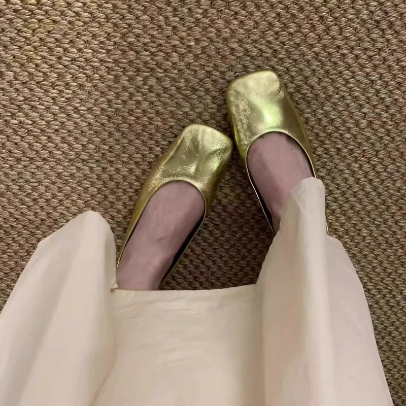牛皮版~高级感金色玛丽珍单鞋女秋贵气方头平底鞋乐福小皮鞋|undefined