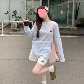 休闲撞色条纹T恤防晒衫2026女春秋季小众设计感条纹薄款长袖上衣