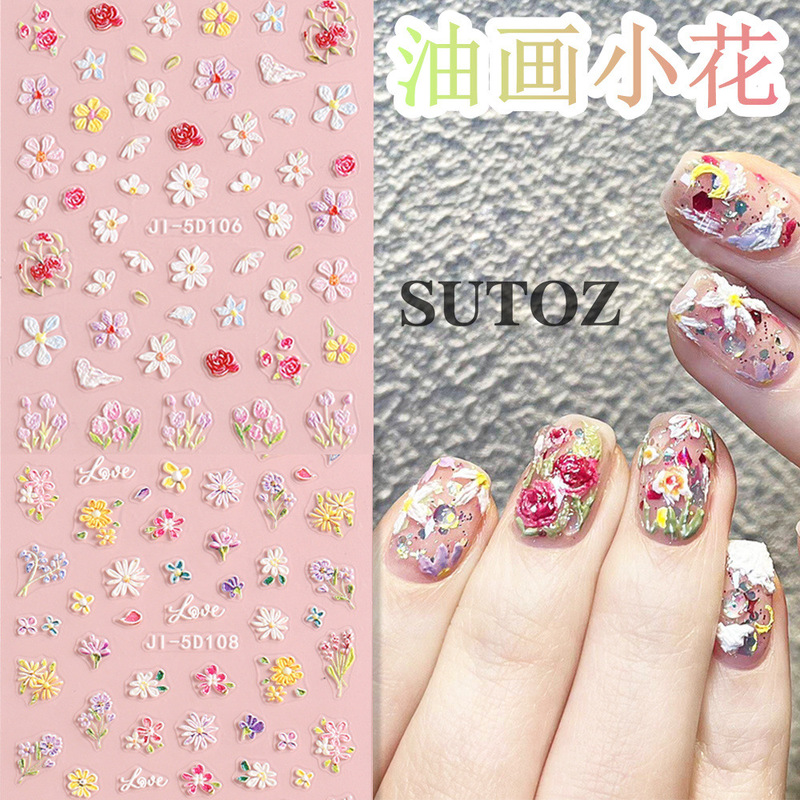 Cross-border New 5D Nail Art Stickers Ins Vintage Three-dimensional Relief Oil Painting Small Flower Fairy Nail Back Adhesive Sticker