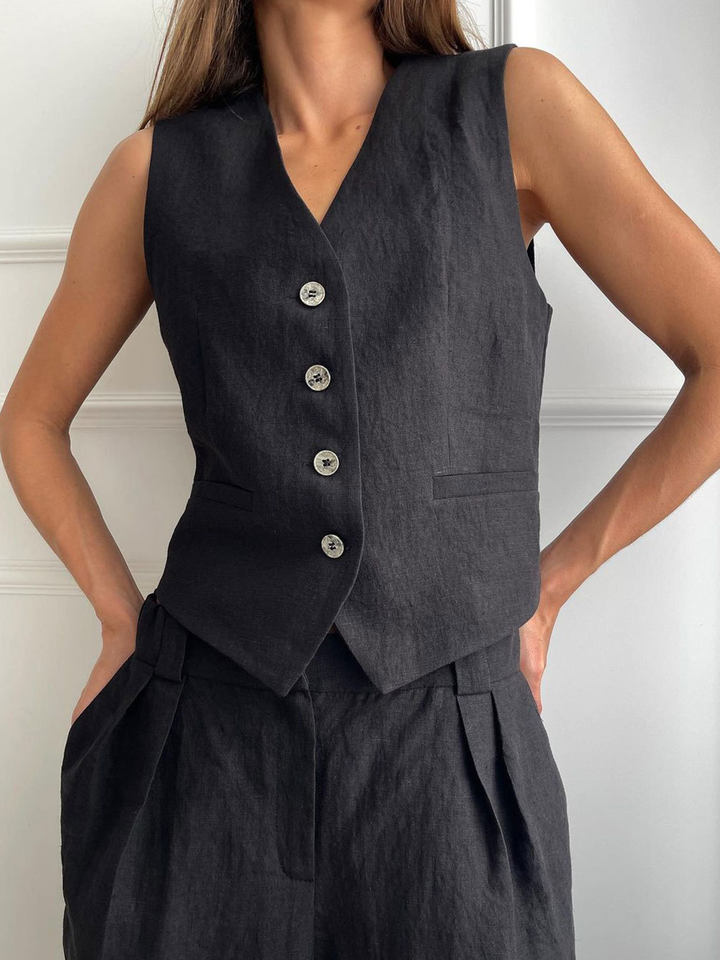 Bộ vest nữ hai mảnh áo vest không tay kèm quần cạp thấp phong cách hiện đại — Kaki, Màu cam, Màu đen
