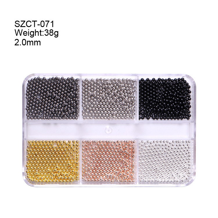 Accesorios de uñas transfronterizos al por mayor 6-grid nail aleación de acero cuentas oro plata tamaño mezclado decoraciones de uñas al por mayor