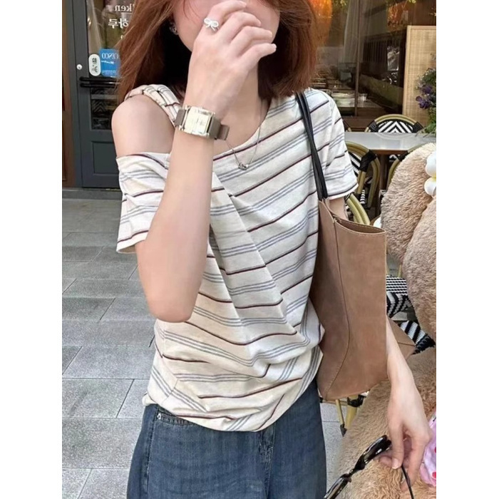 韩系小清新别致条纹吊带斜肩上衣女夏2025新款设计感小众短袖t恤|undefined