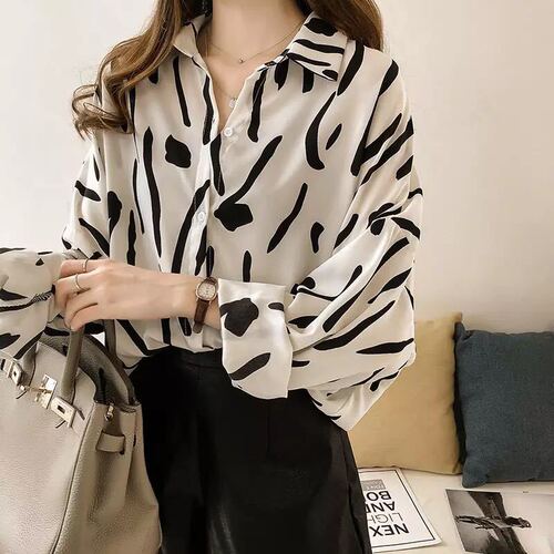 Doodle Print Shirt Women Long Sleeve Top Loose Plus Size Korean Style Blouse Basic Shirt