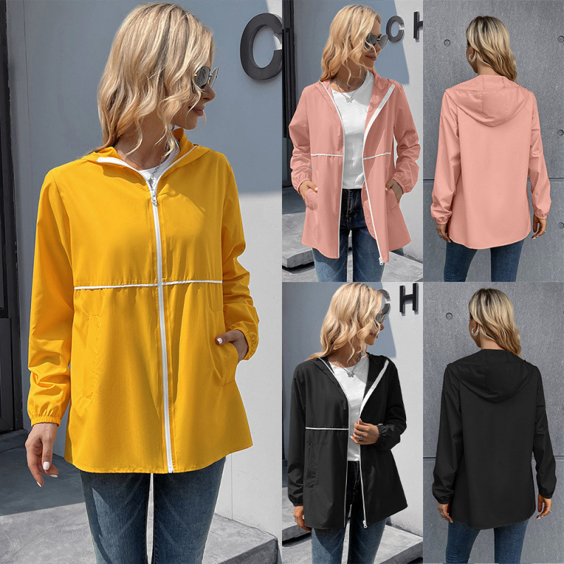 Amazon Wish Cross-Border Women's Zipper Hooded Jacket Lightweight Outdoor Hiking Waterproof Jacket Jacket for Women