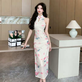 新中式御姐复古改良旗袍女早春夏季性感网纱高开叉露肩挂脖连衣裙