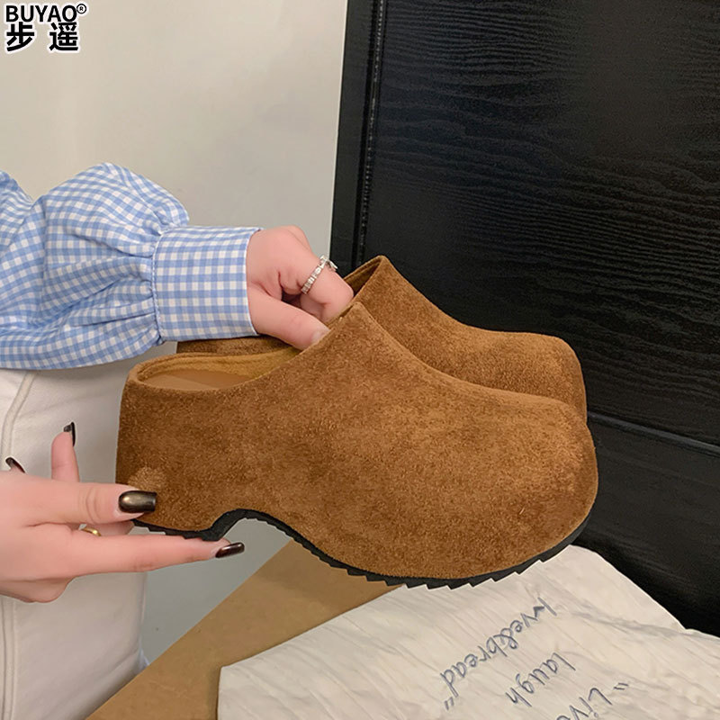 真皮厚底增高勃肯鞋子女鞋一脚蹬无后跟懒人穆勒鞋外穿包头半拖鞋