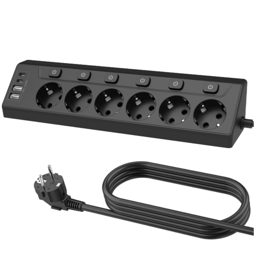 欧规USB排插独立开关家用智能插座插板线6孔大功率跨境欧式插排角